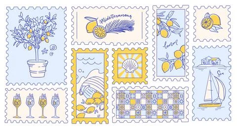 Vintage postage stamp set of Summer with lemon. Italian vintage doodle lemons Stock Illustration