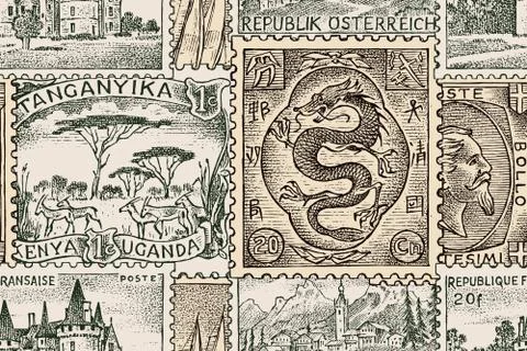 Vintage Postage stamps seamless pattern. Retro old Sketch for poster or banner Stock Illustration