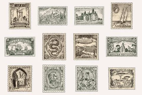 Vintage Postage stamps set. Ancient etching landscapes, dragon and sailing ship Stock Illustration