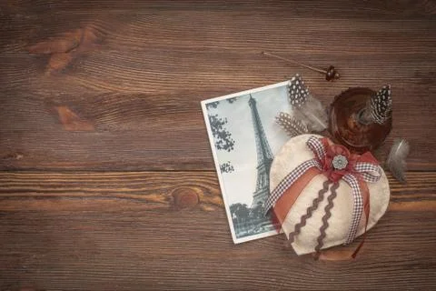 Vintage postcard with Eifel Tower and felted heart, valentines day greeting conc イラスト素材
