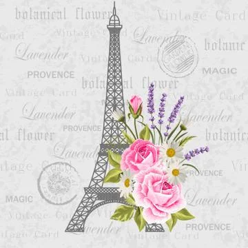 Vintage postcard with Eiffel Tower and flowers. Stock Illustration