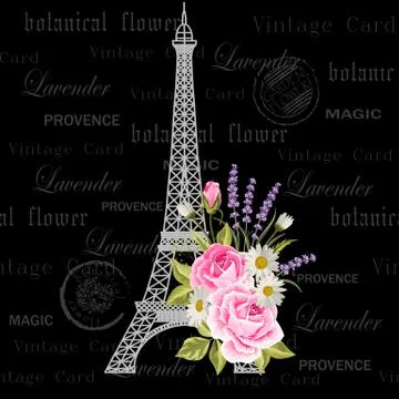 Vintage postcard with Eiffel Tower and flowers. Stock Illustration