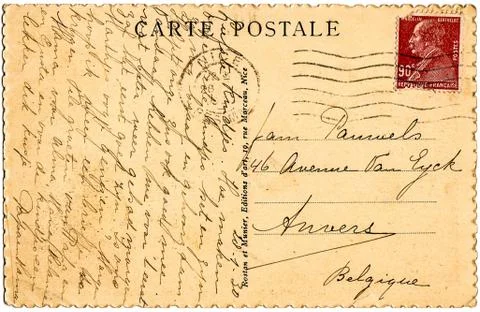 A vintage postcard with handwritten text , back side Stock Photos