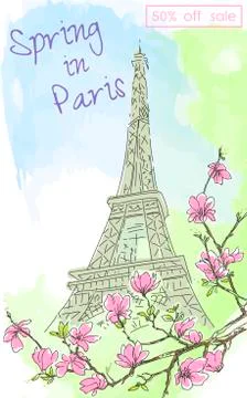 Vintage postcard with a view of the Eiffel tower and blossoming cherry. Col.. Stock-Illustration