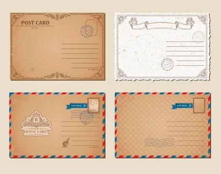Vintage postcards, postage stamps, vector illustration post cards template. Stock Illustration