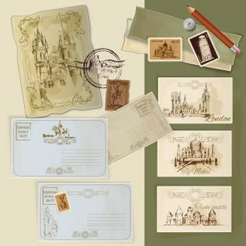 Vintage Postcards Set Ilustración de archivo