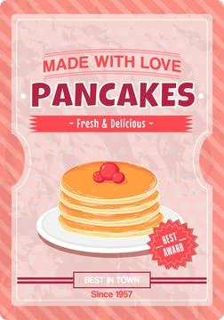 Vintage poster for breakfast with delicious stack of pancakes on pink background Stock Illustration