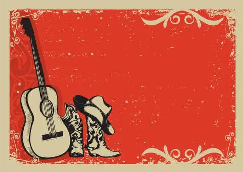 Vintage poster with cowboy boots and music guitar Stock Illustration