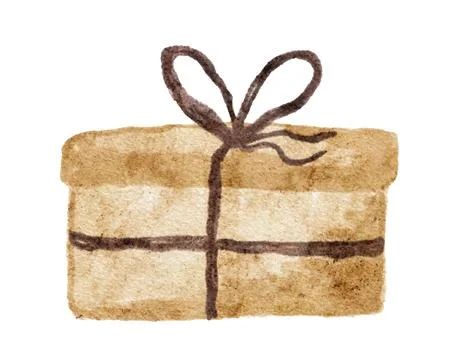 Vintage present gift box wrapped with a simple bow in watercolor style Ilustración de archivo