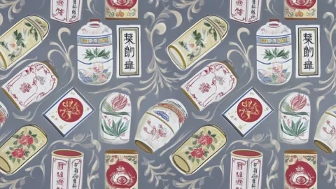 Vintage product tag pattern with tea and herbs and stamps — Diagonal motion Stock Footage 308073051