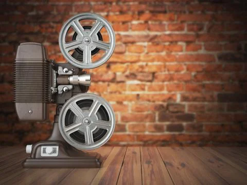 Vintage projector on the bricks background. Cinema, movie or video concept. Stock Illustration