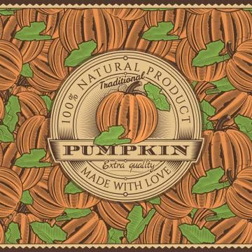 Vintage Pumpkin Label On Seamless Pattern Stock Illustration