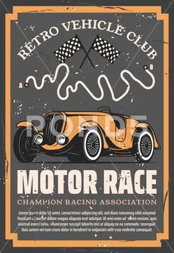 Vintage racing car with auto motor sport flags Stock Illustrationen