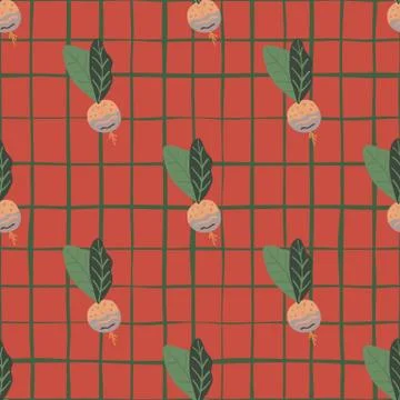 Vintage radish elements seamless pattern. Hand drawn salad element with green Stock Illustration
