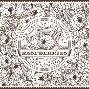 Vintage Raspberries Label On Seamless Pattern Illustrazione stock