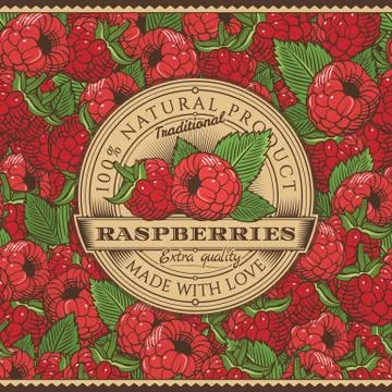Vintage Raspberries Label On Seamless Pattern 스톡 일러스트