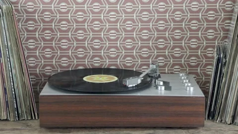 Vintage record player with stacks of vinyl records Stock Footage 237459511