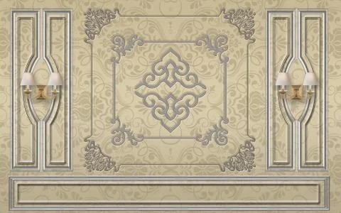 Vintage rectangular frames and sconces on a beige ornamental wall Stock Illustration