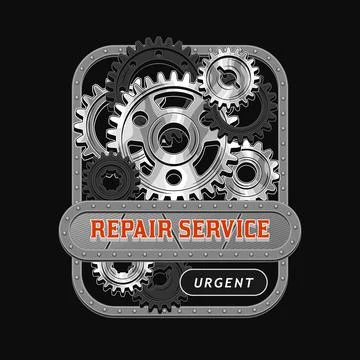 Vintage rectangular label with black, steel gears, metal rail, rivets, text Stock Illustration