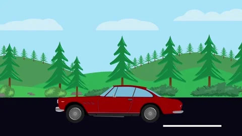 Vintage red convertible driving through a scenic forest landscape 库存影片 334345481