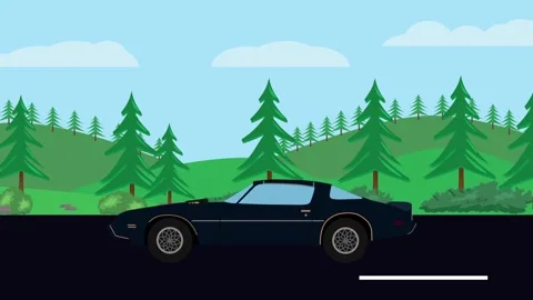 Vintage red convertible driving through a scenic forest landscape Stockbeeldmateriaal 334345482