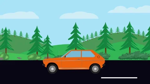 Vintage red convertible driving through a scenic forest landscape Stockbeeldmateriaal 334345484