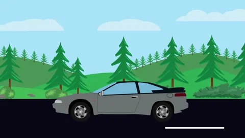 Vintage red convertible driving through a scenic forest landscape 库存影片 334345486