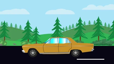 Vintage red convertible driving through a scenic forest landscape Vidéo 334345501