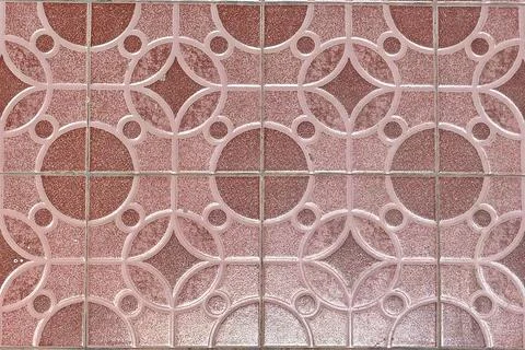 Vintage Red Geometric Pattern Ceramic Tile Floor Texture Indonesia 1990s Stock Photos