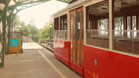 Vintage red Sassi Superga tramway at railway station, Turin, Italy Stock Footage 342610109