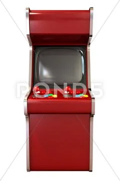 A vintage red unbranded arcade game with a joystick and four various colored Stock Illustration