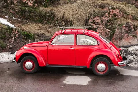 Vintage red Volkswagen Kafer, side view Stock Photos