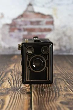 Vintage reflex camera  Front view. Realistic retro design of medium format ca Stock Photos