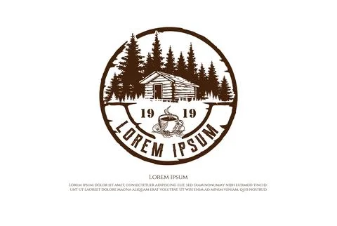 Vintage Retro Circular Pine Trees Forest with Barn Cabin Chalet and Coffee .. Illustrazione stock
