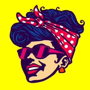 Vintage retro cool girl face head wearing sunglasses rockabilly hairstyle vector Stock Illustration