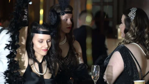Vintage retro Great gatsby young women dancing drinking champagne on a vintag Stock Footage 237166315