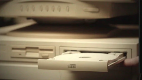 Vintage Retro PC, Using cd diskette for old computer. Music recorder, playing Stock Footage 230176682