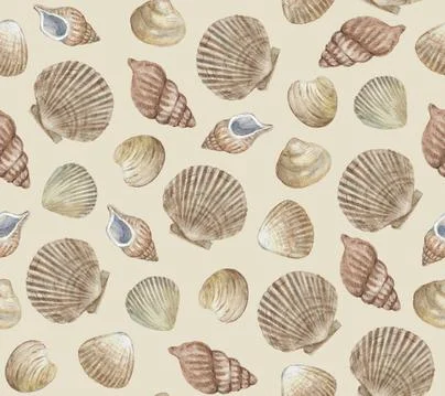Vintage retro seamless pattern with sea shells. Watercolor painting. Stock Illustration