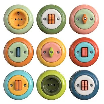 Vintage retro style ceramic multi colored switch. and sockets. Stock Illustration