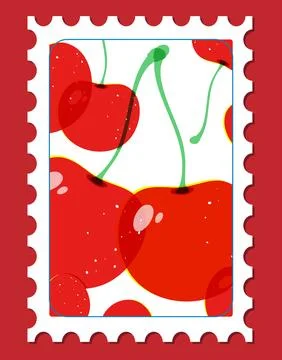 Vintage Risograph Style Postage Stamp Illustration of Red Cherries Stock Illustration