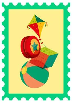 Vintage Risograph Style Postage Stamp Illustration of Classic Children Toys Stock Illustration