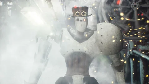 A vintage robot strides past ancient working sparkling mechanisms and fuming Stock Footage 169714705