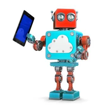 Vintage robot with tablet and cloud symbol. Technology concept. Isolated over イラスト素材