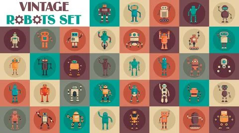 Vintage robots set, flat style Stock Illustration