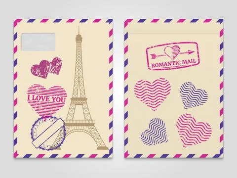 Vintage romantic envelopes with Eiffel tower and love stamps 스톡 일러스트
