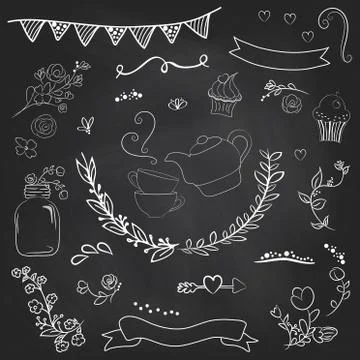 Vintage romantic set in vector. Stylish romantic elements for party. Chalkboa 库存插图