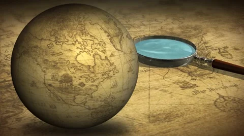 Vintage Rotating Globe And Map Of The World with magnifying glass Stock Footage 41397058