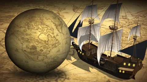 Vintage Rotating Globe And Map Of The World with old sailing ship Vídeos de archivo 41397111