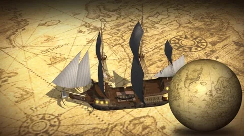 Vintage Rotating Globe And Map Of The World with old sailing ship Vídeos de archivo 41420878