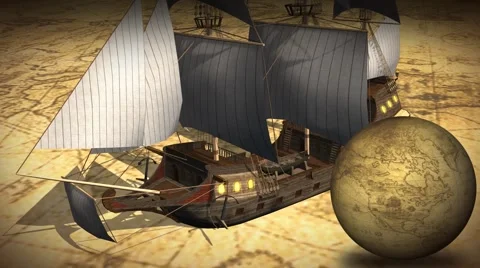 Vintage Rotating Globe And Map Of The World with old sailing ship Stock Footage 41421137